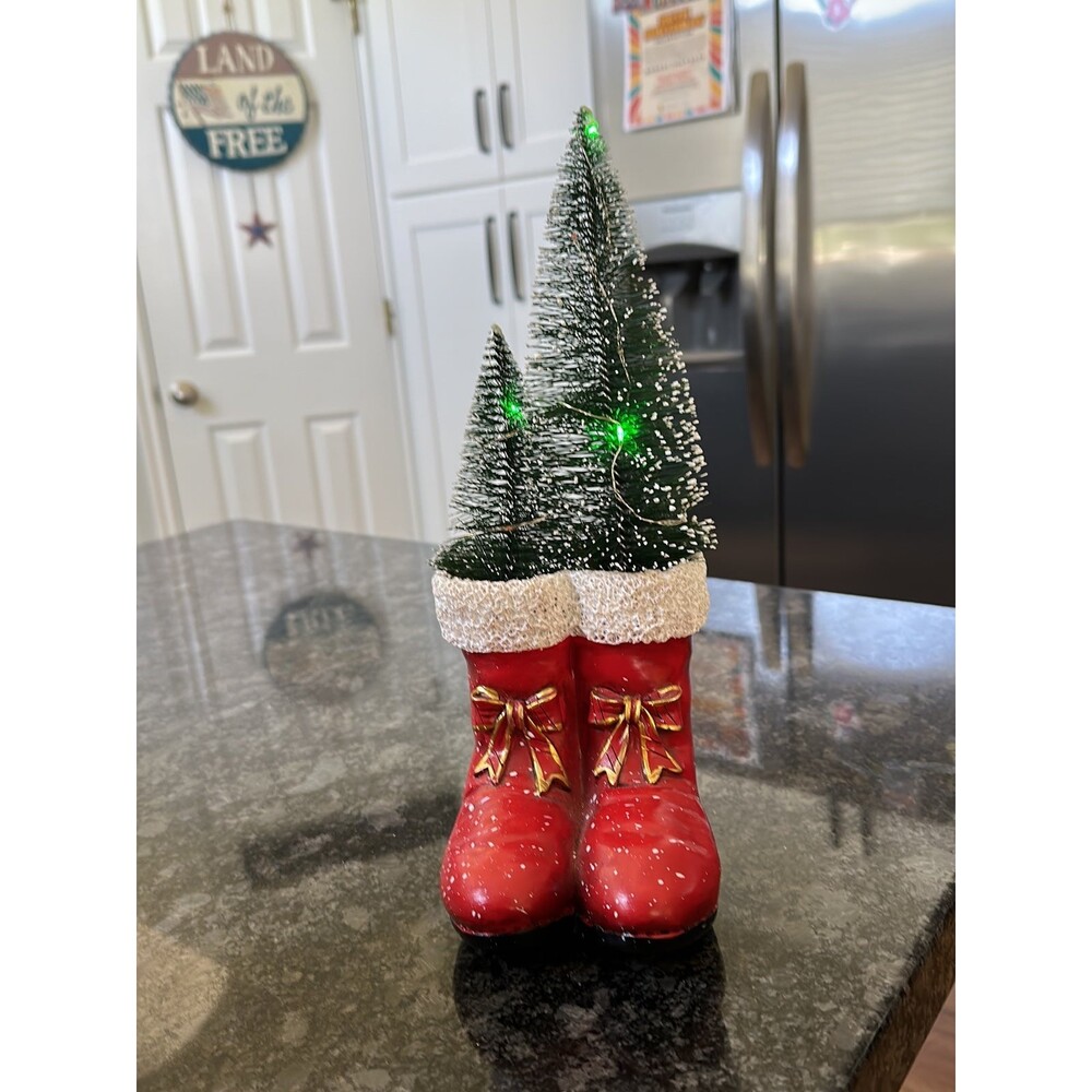 vintage christmas decor Santa boots with bottle brush trees light up